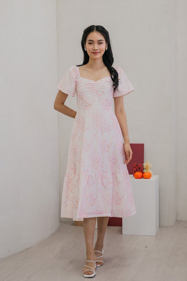 Sakura Floral Sweetheart Midi Dress in Pink