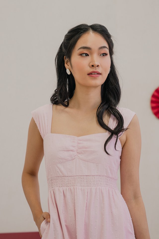 Scarlet Swissdot Smocked Waist Midi Dress In Pink