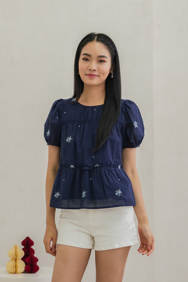Royale Floral Embroidery Ruffles Top In Navy