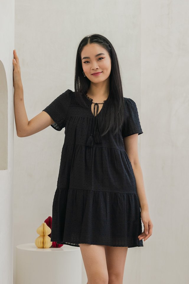 Cera Crochet Swiss Dot Tassel Dress In Black
