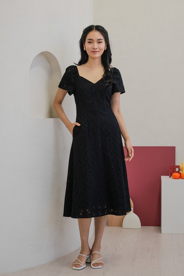 Viva Eyelet V-neck Midi Dress in Black
