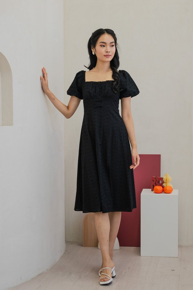 Brigette Eyelet Ruched Bow Midi Dress in Black