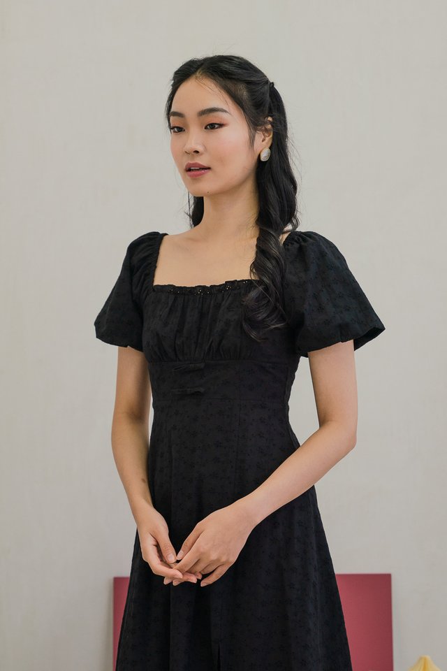 Brigette Eyelet Ruched Bow Midi Dress in Black