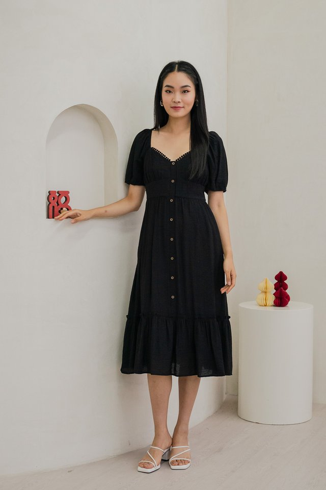 Tule Textured Front Button Midi Dress In Black