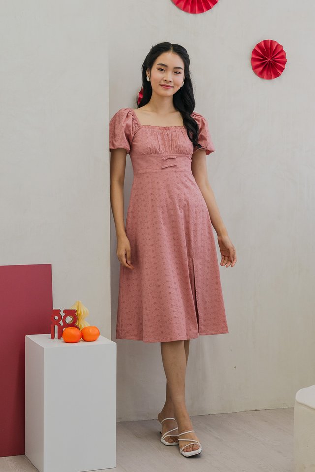 Brigette Eyelet Ruched Bow Midi Dress in Rose