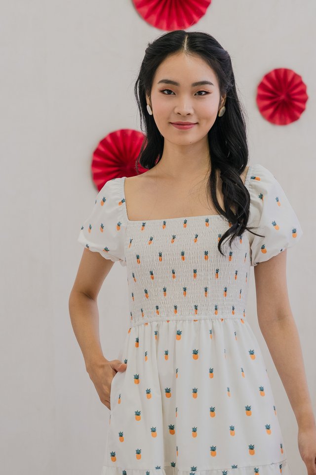 Lucy Pineapple Puff Sleeve Smocked Midi Dress in White