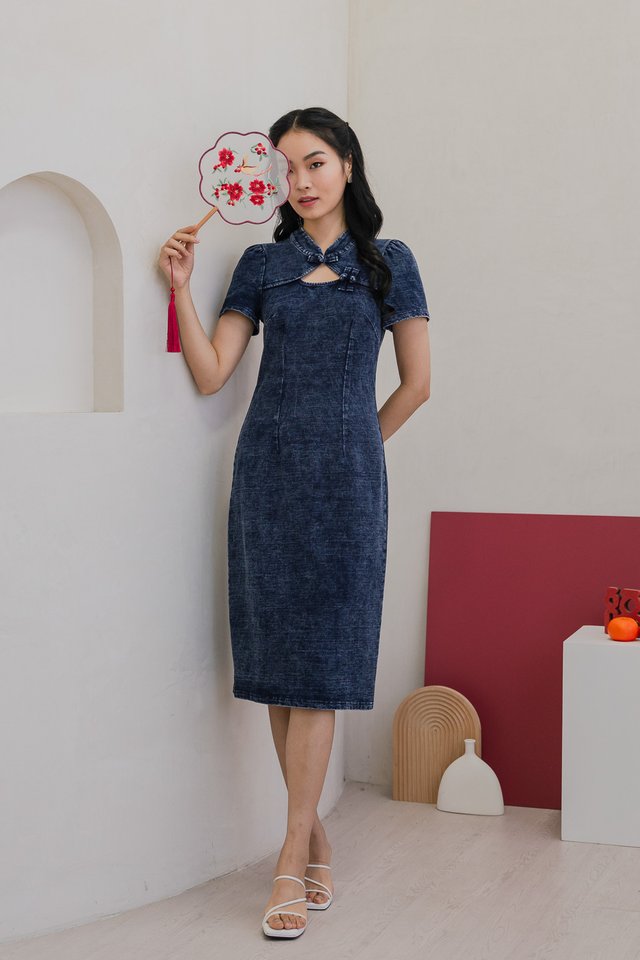 Quincy Sleeved Denim Qipao Midi Dress
