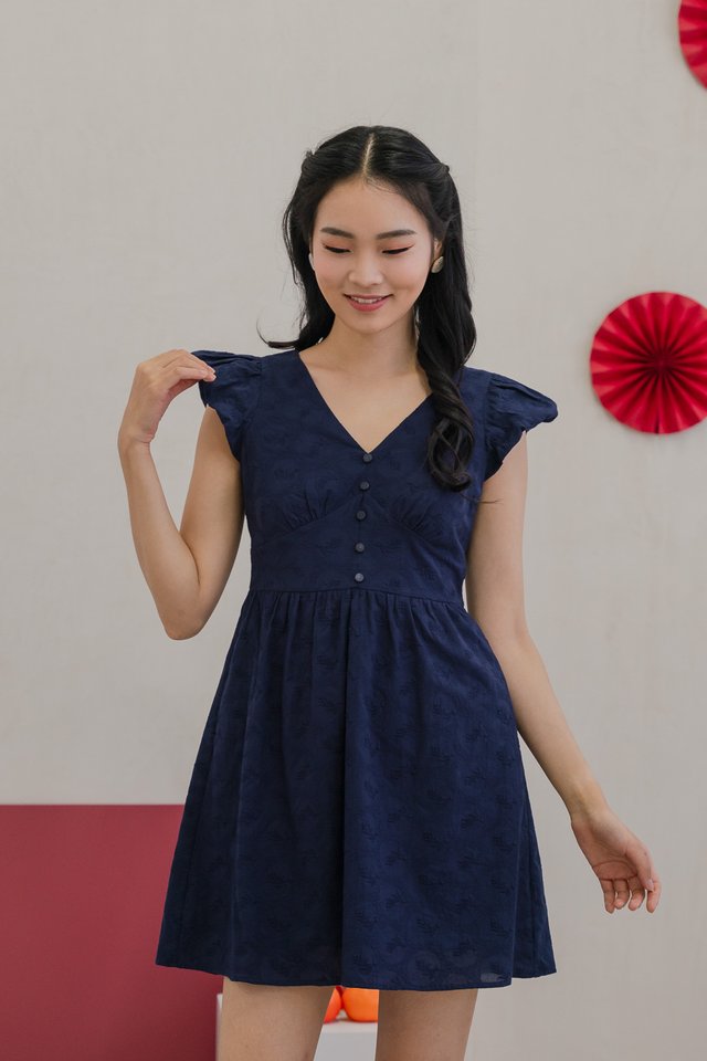 Edin Embroidery Empire Waist Dress in Navy