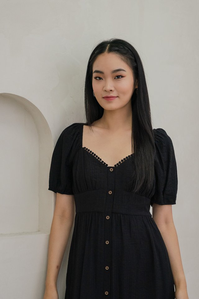 Tule Textured Front Button Midi Dress In Black