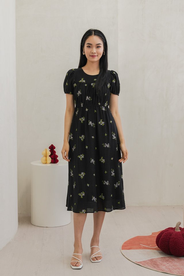Elsa Textured Embroidery Midi Dress In Black