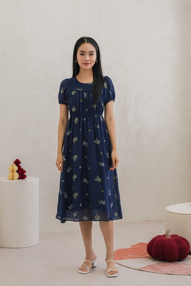 Elsa Textured Embroidery Midi Dress In Navy
