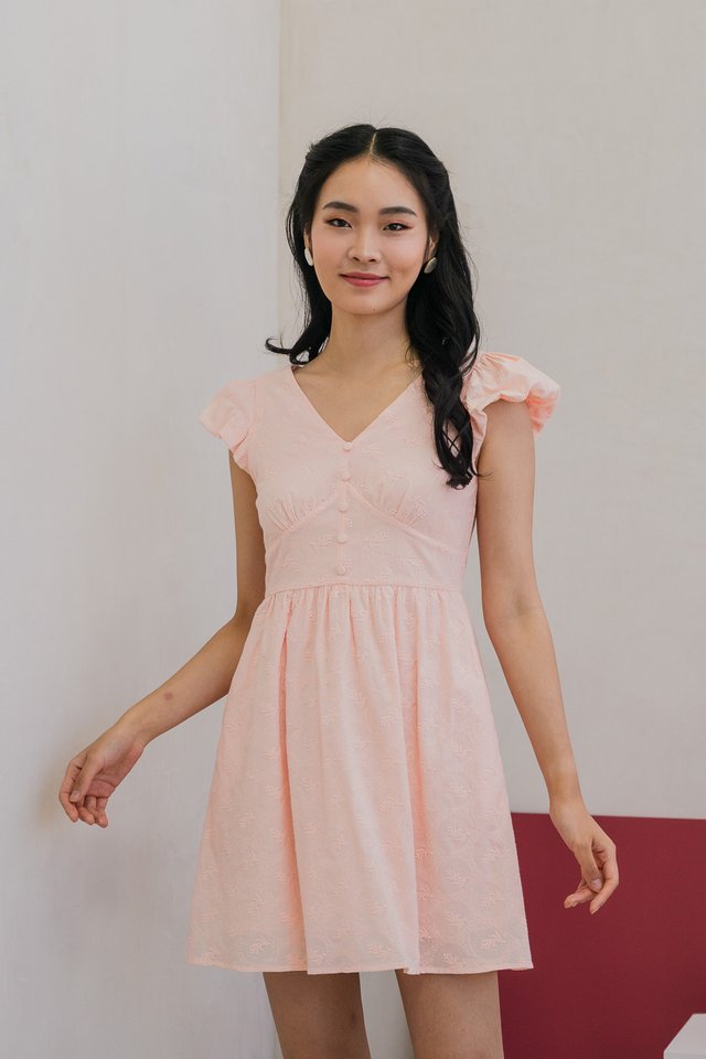 Edin Embroidery Empire Waist Dress in Peach