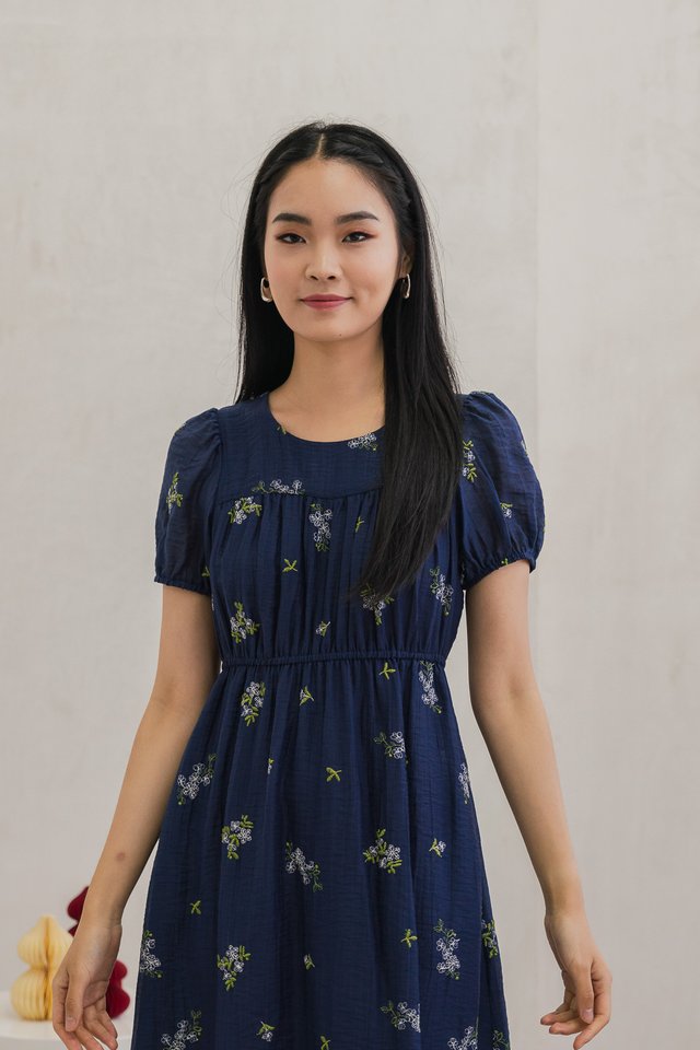 Elsa Textured Embroidery Midi Dress In Navy