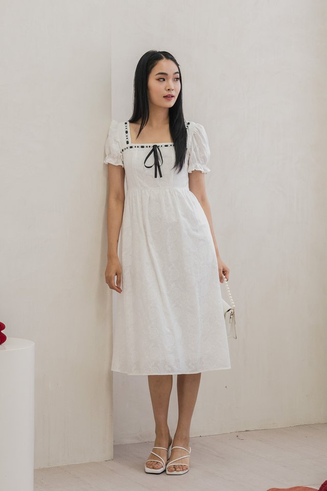 Molly Embroidery Ribbonette Midi Dress In White