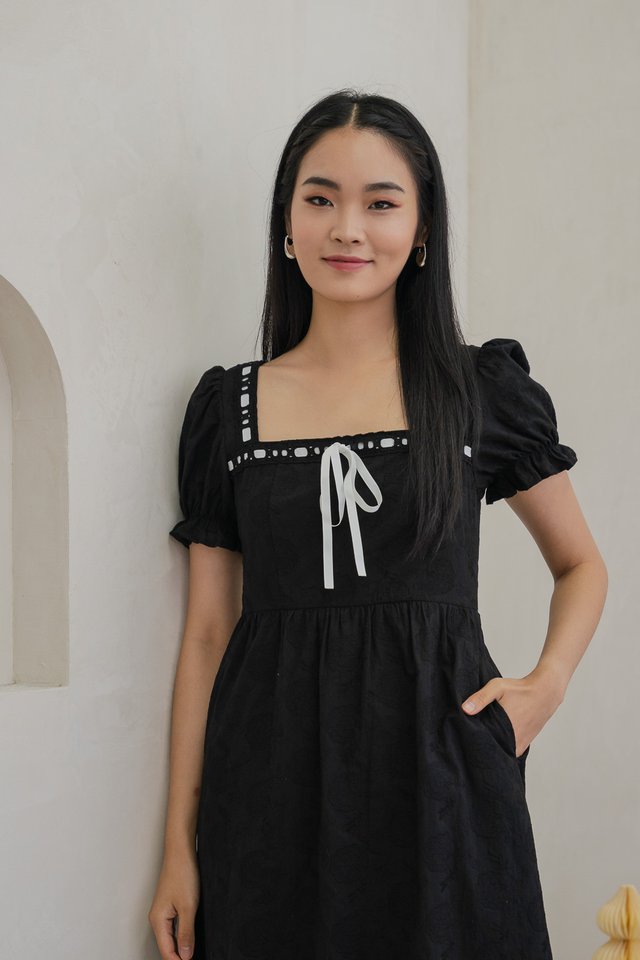 Molly Embroidery Ribbonette Midi Dress In Black