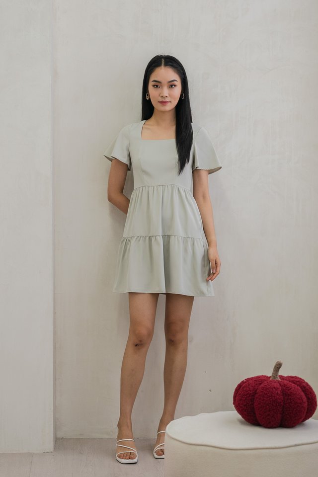 Nara Flare Sleeve Tiered Dress In Sage