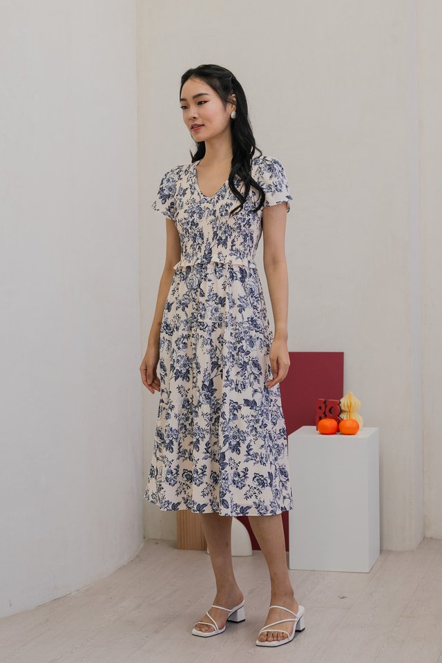 *BACKORDER* Vela Floral Smocked V-neck Midi Dress in Cream