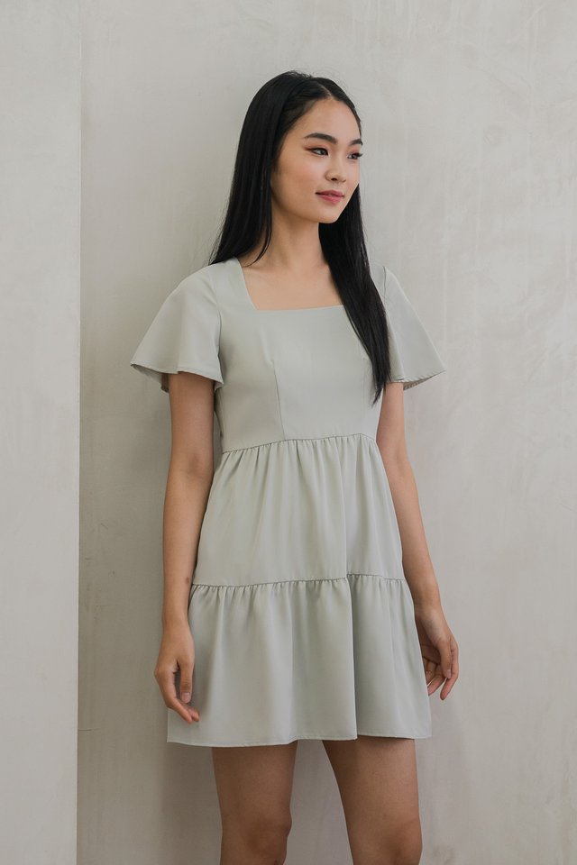 Nara Flare Sleeve Tiered Dress In Sage