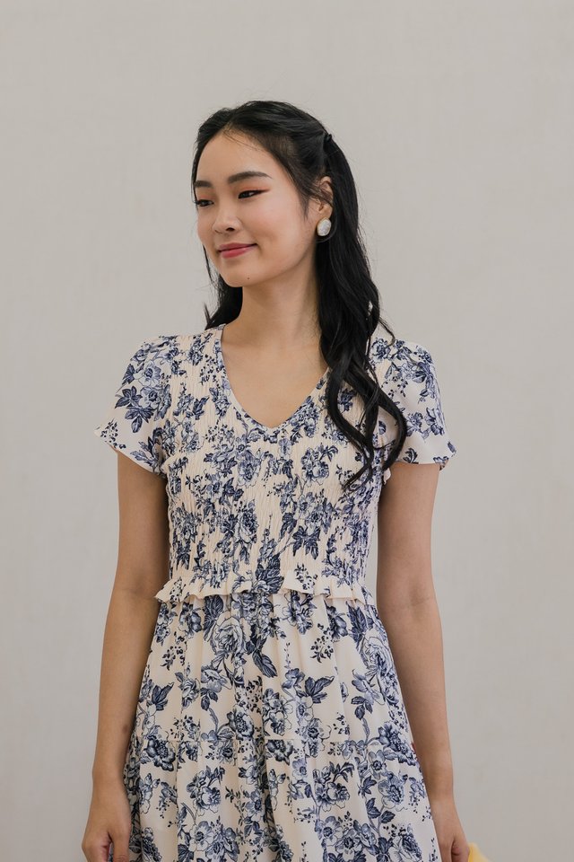*BACKORDER* Vela Floral Smocked V-neck Midi Dress in Cream
