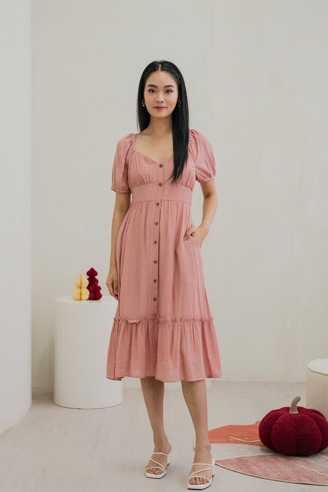 Tule Textured Front Button Midi Dress In Rose