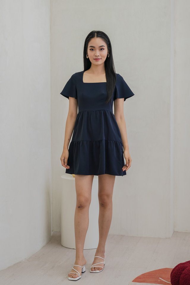Nara Flare Sleeve Tiered Dress In Navy