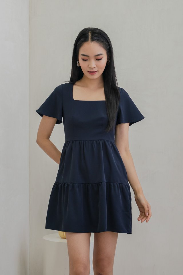 Nara Flare Sleeve Tiered Dress In Navy