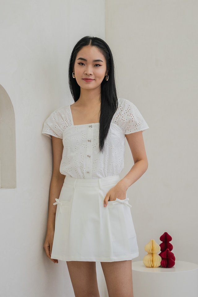 Evette Eyelet Ribbon Button Top In White