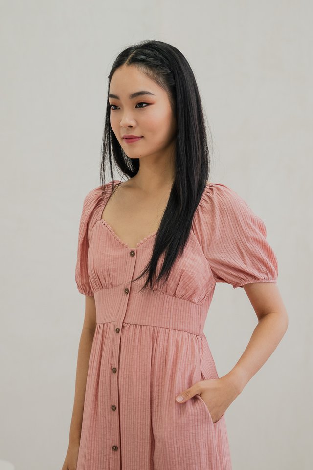 Tule Textured Front Button Midi Dress In Rose
