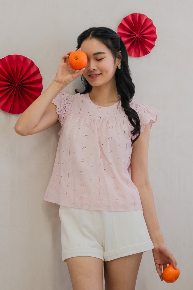 Lexi Eyelet Crochet Sleeved Top in Pink