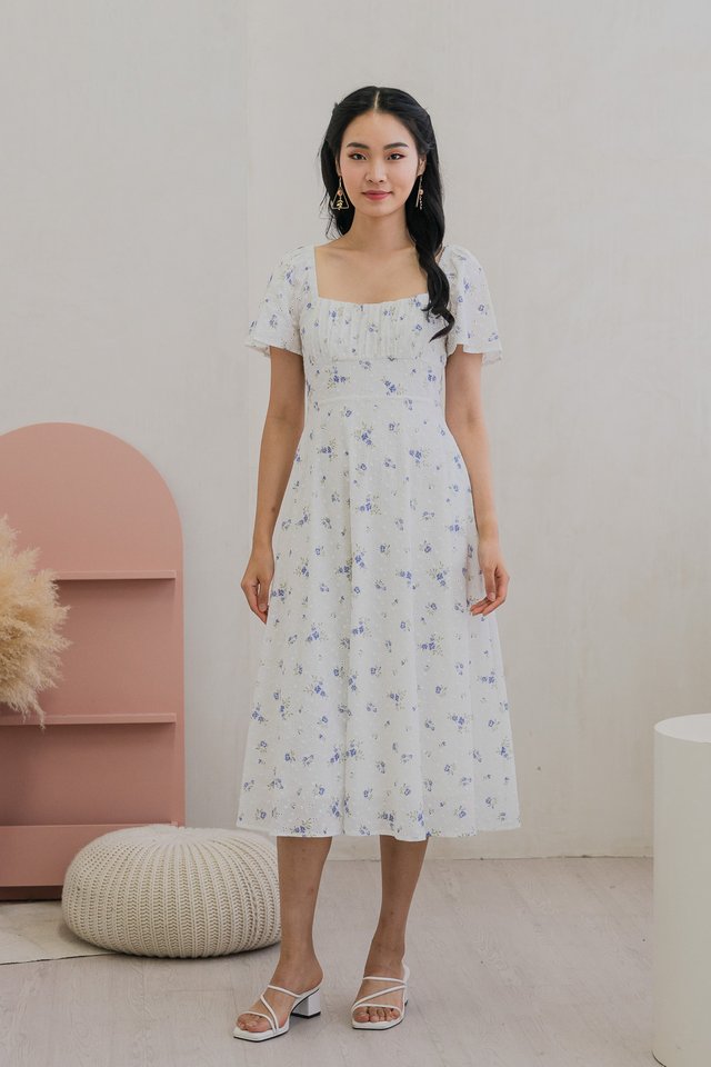 Blooming Eyelet Ruched Midi Dress In Blue