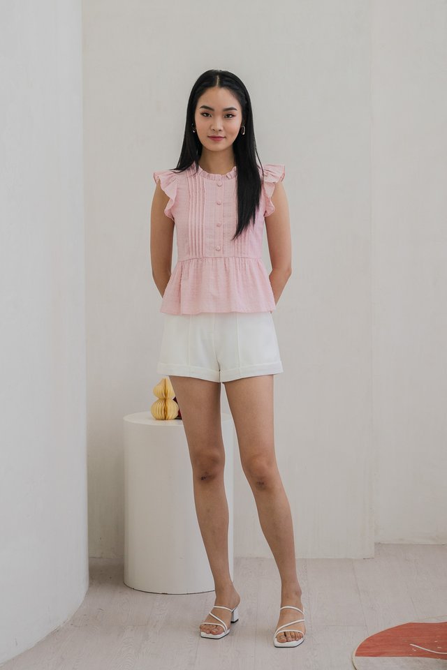Sweeny Swiss Dots Pintuck Button Top In Pink