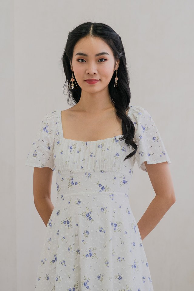Blooming Eyelet Ruched Midi Dress In Blue