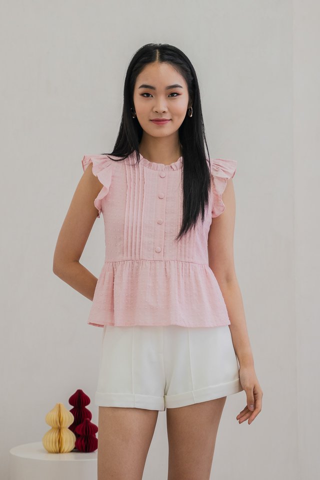 Sweeny Swiss Dots Pintuck Button Top In Pink