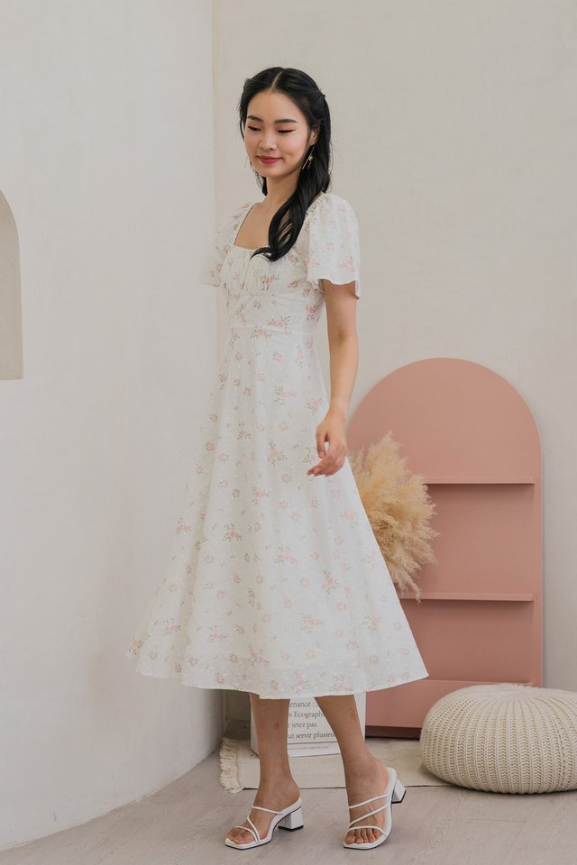 Blooming Eyelet Ruched Midi Dress In Pink