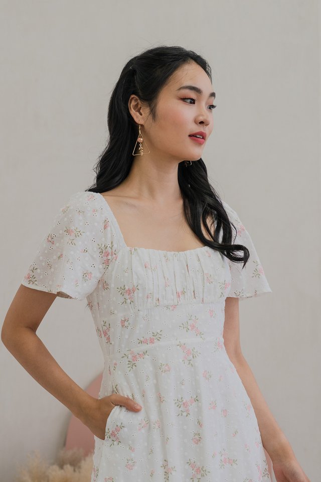 Blooming Eyelet Ruched Midi Dress In Pink