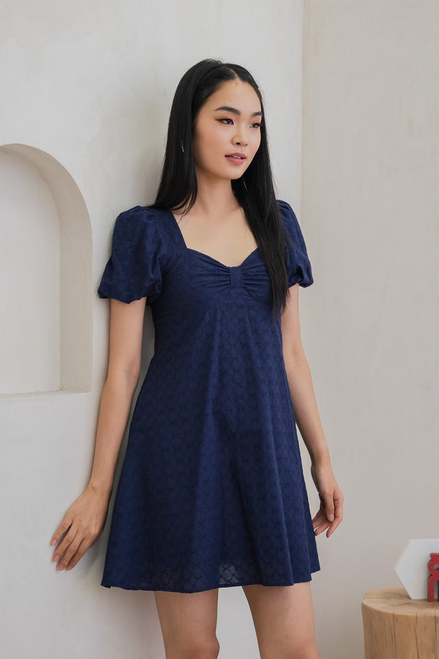 Bambi Ribbon Embroidery Puff Sleeve Dress In Navy