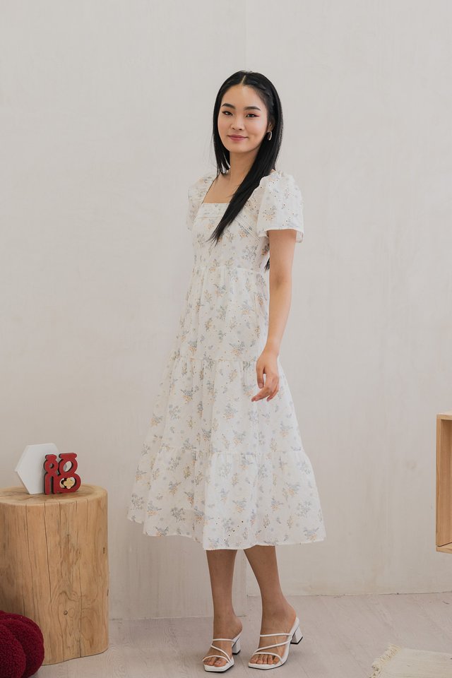 Blooms Bouquet Eyelet Tiered Midi Dress In White