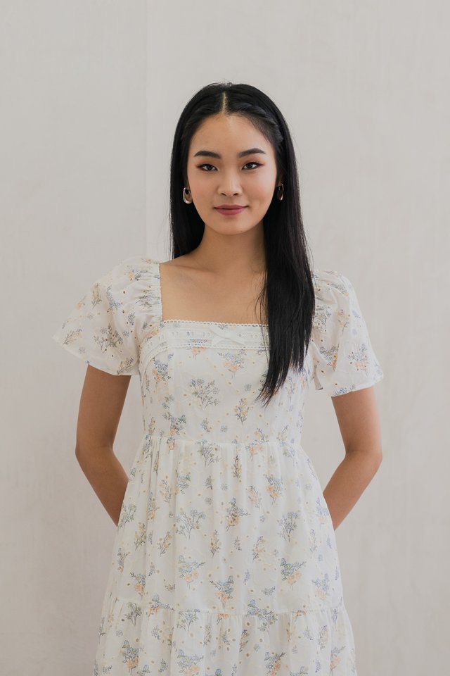 Blooms Bouquet Eyelet Tiered Midi Dress In White