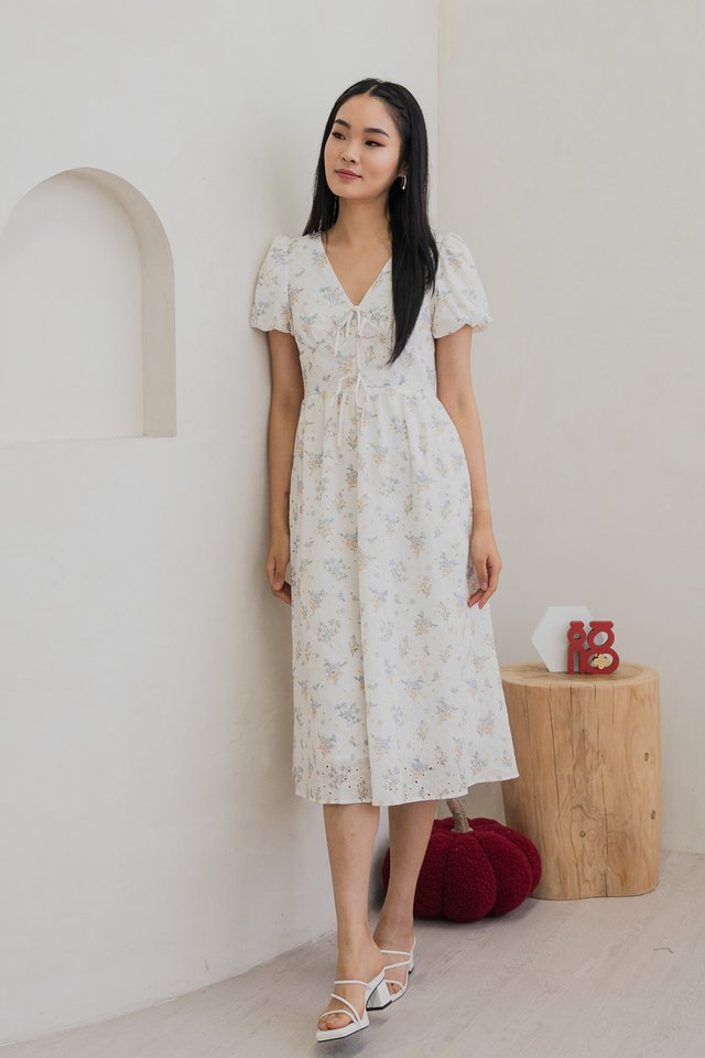 Blooms Bouquet Eyelet Ribbon Midi Dress In White