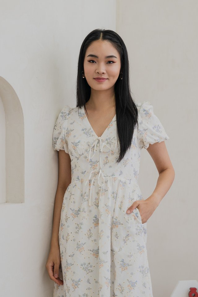 Blooms Bouquet Eyelet Ribbon Midi Dress In White