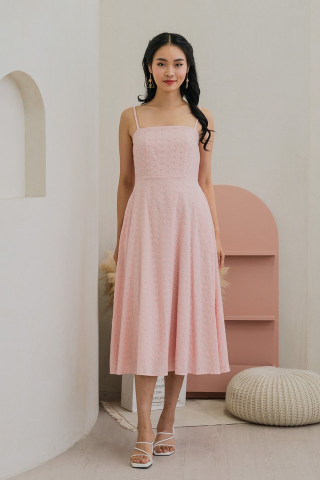 Carly Embroidery Eyelet Camisole Midi Dress In Pink
