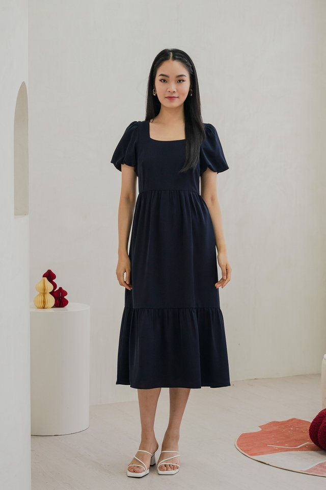 Spring Puff Sleeve Maxi Dress In Navy