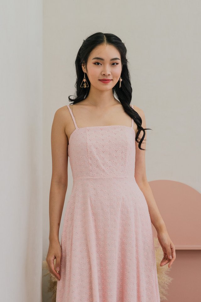 Carly Embroidery Eyelet Camisole Midi Dress In Pink