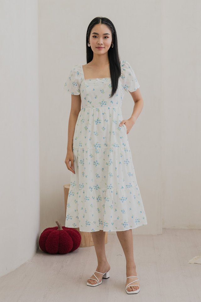 Bluebell Printed Floral Tiered Midi Dress In Blue