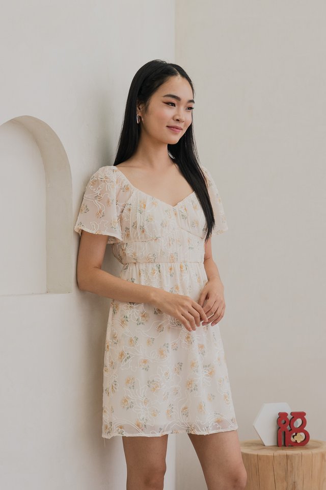 Emelda Embroidery Ruched Dress In Cream