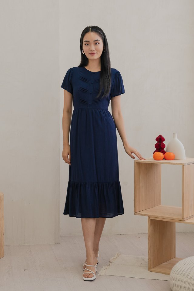 Thistle Textured Button Midi Dress In Navy