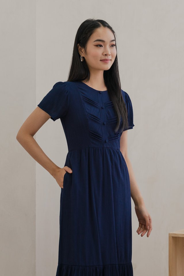 Thistle Textured Button Midi Dress In Navy