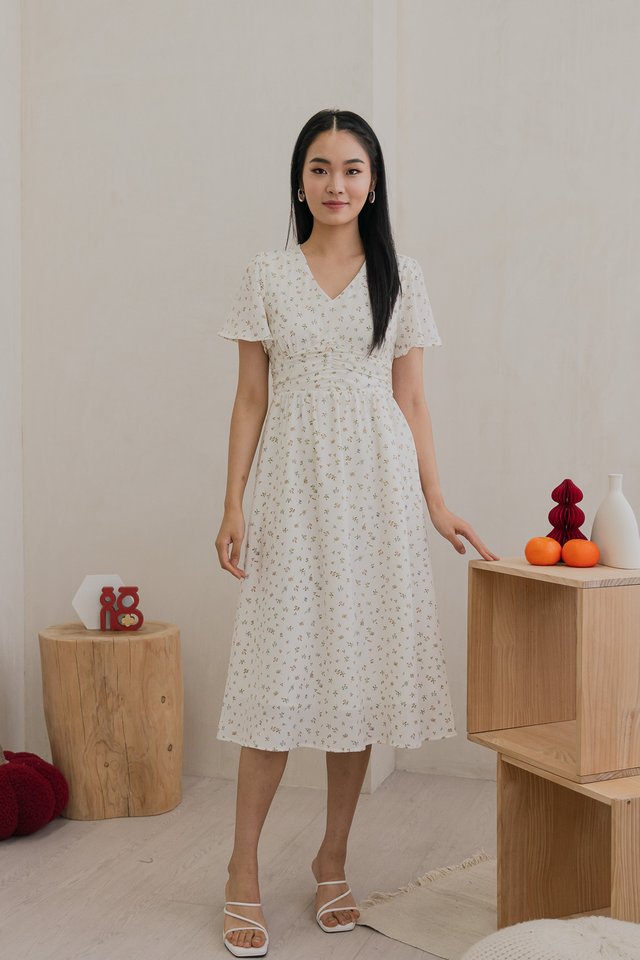 Raven Floral Ruched Midi Dress In White