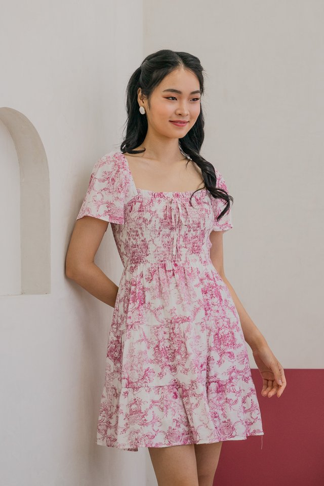 Tana Toile Smocked Ribbon Tier Dress In Pink