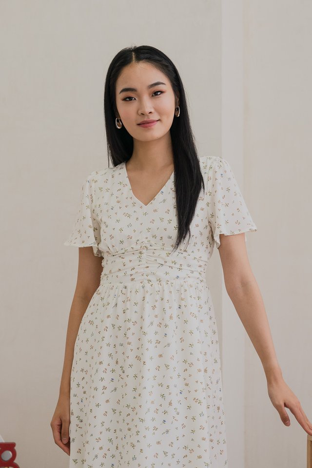 Raven Floral Ruched Midi Dress In White